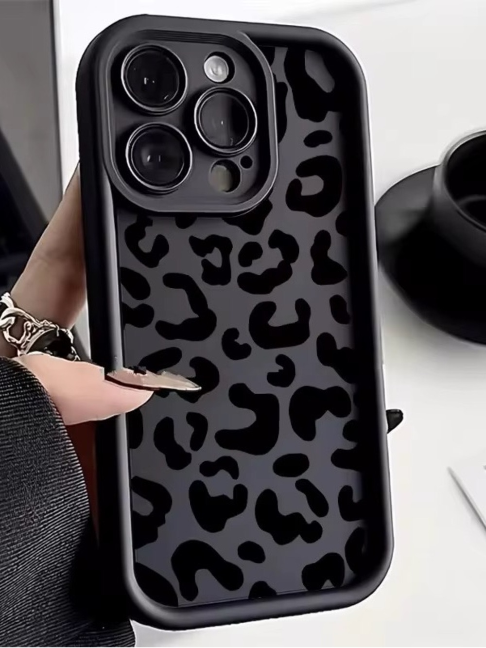 Black Leopard Print Protective Phone Case for iPhone - Sleek Black Design